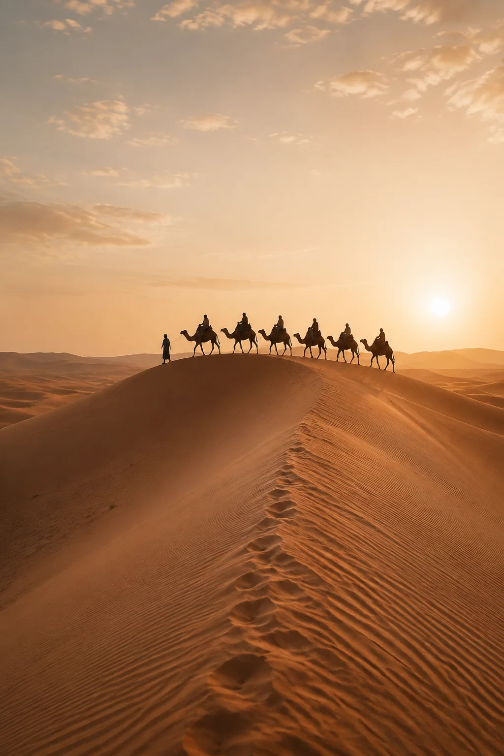 Camel caravan following a golden dune ridge in the Moroccan Sahara