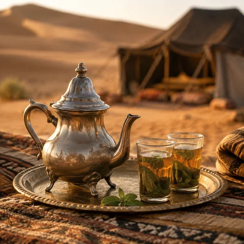 Moroccan mint tea and a silver teapot at a desert camp